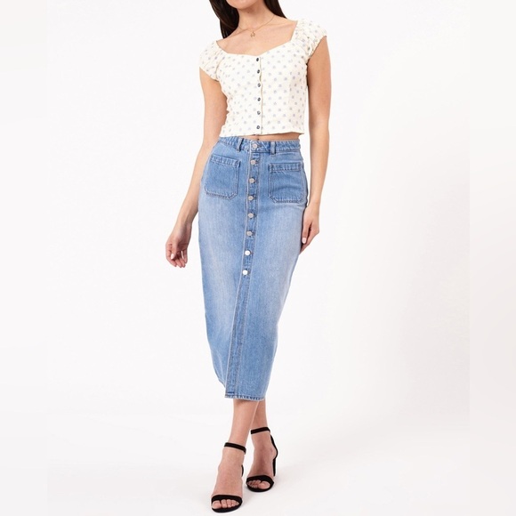 New Rollas Sailor Skirt Mid Vintage Blue Pencil Midi Button Front Slit Denim 24 - Picture 1 of 13